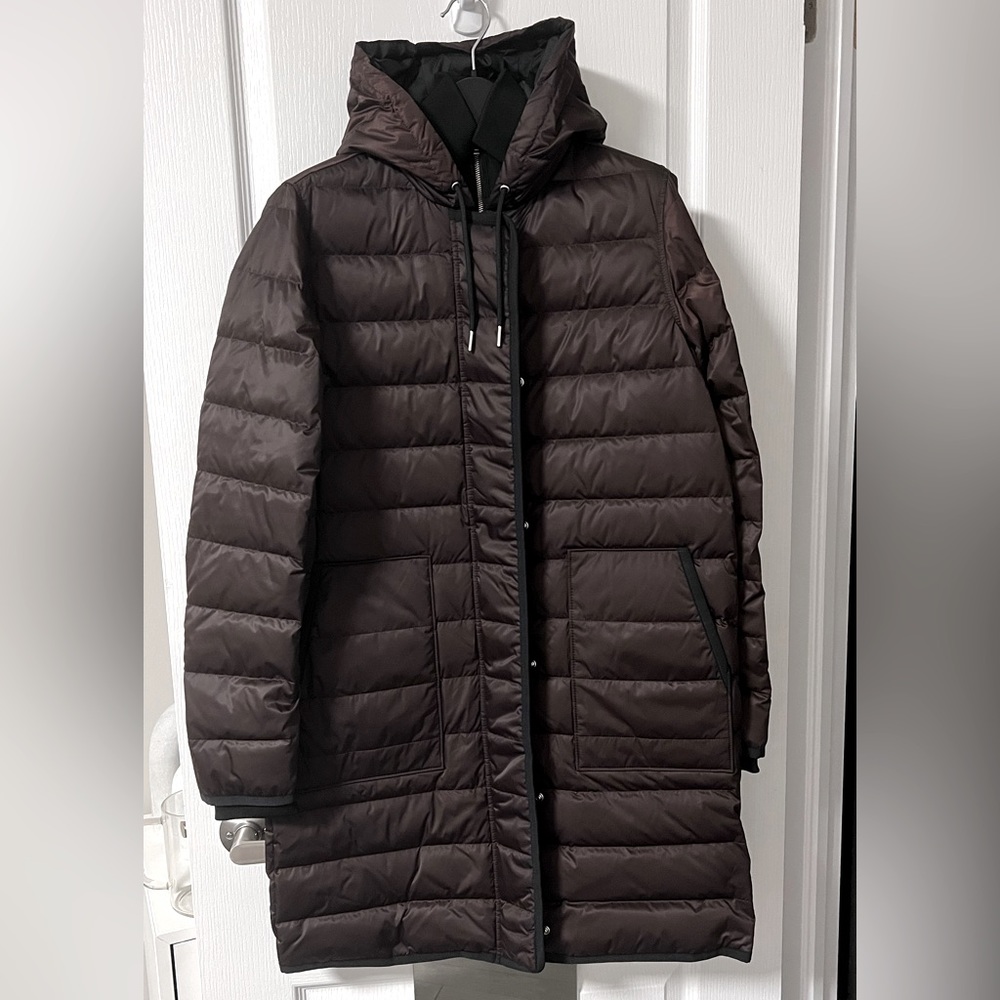 Theory brown Java taffeta down hooded puffer sz small new